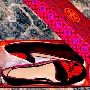 NWT- Tory Burch Loafers- ox blood velvet, with sequin detail, size 7